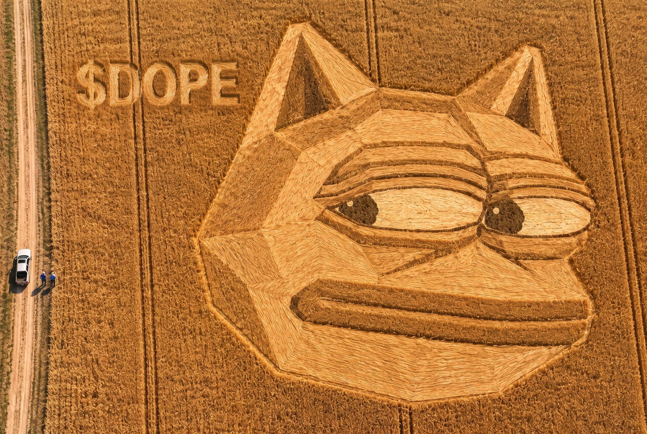 The crop-circle face in a wheat field.