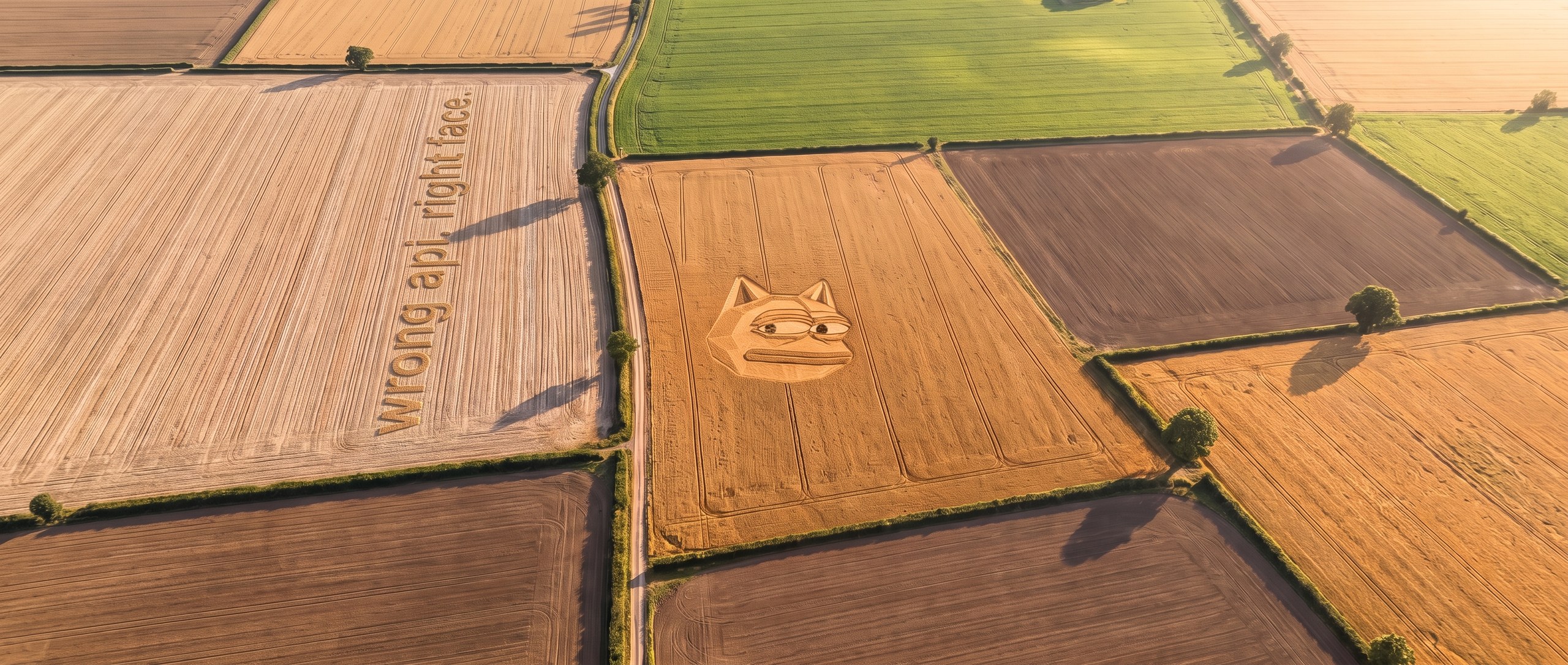 The farmland scene, seen from above.