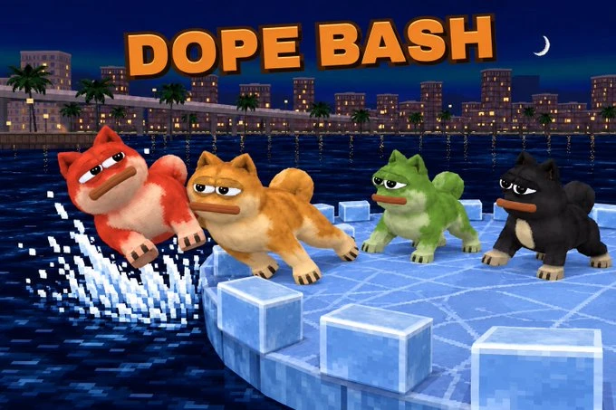 DOPE BASH: four DOPE characters on an icy platform at night.