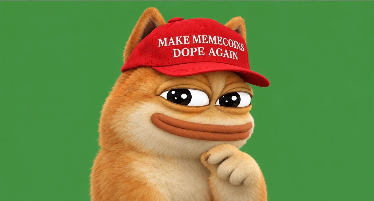 Doge Pepe wearing a red cap embroidered Make memecoins DOPE again.