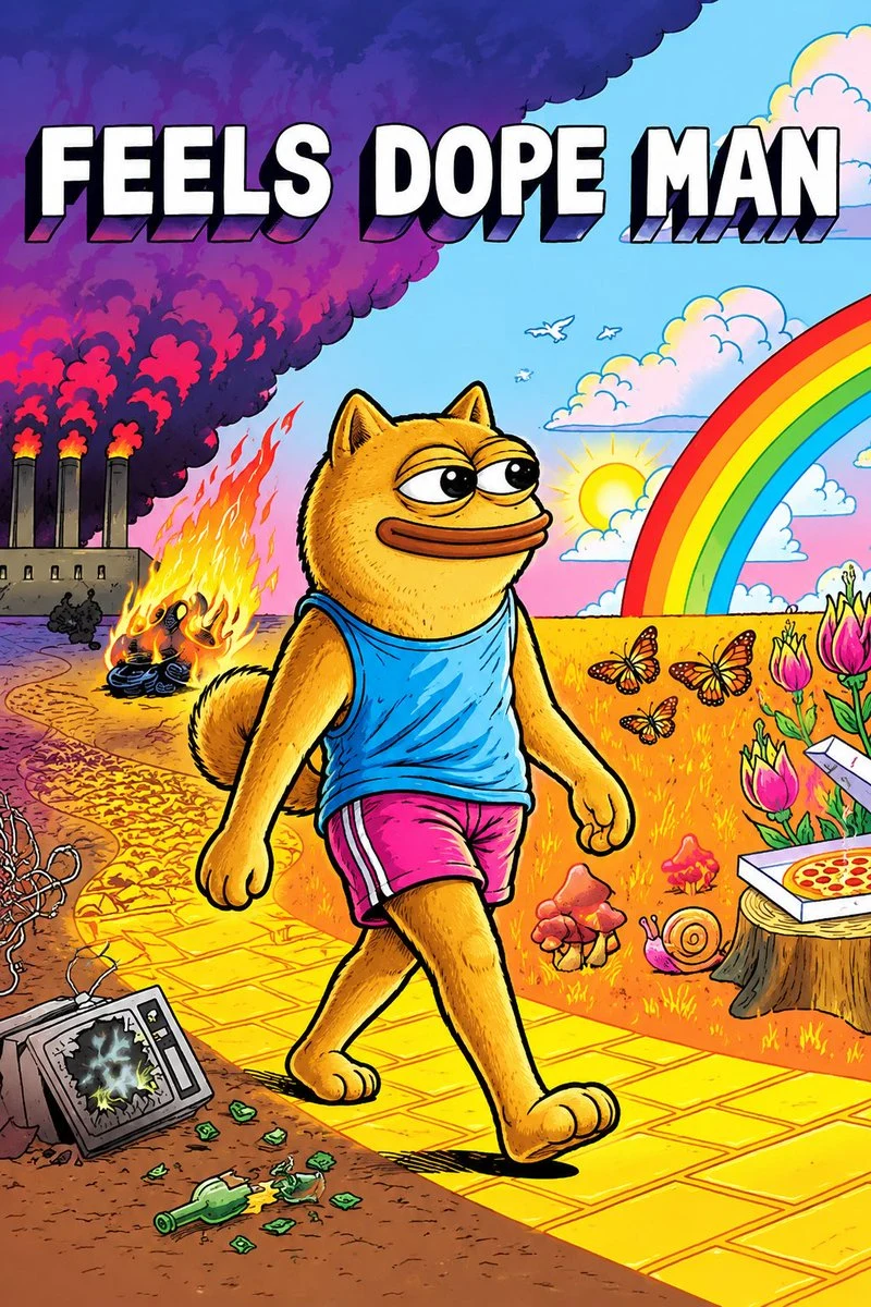 Cartoon DOPE strolling through a flower field under a rainbow.