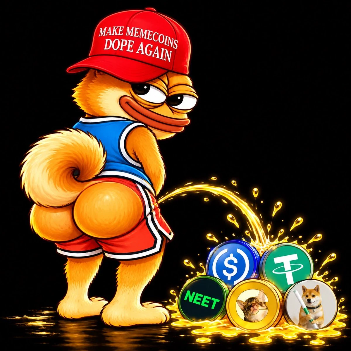 Cartoon Doge Pepe in a red cap and sportswear.
