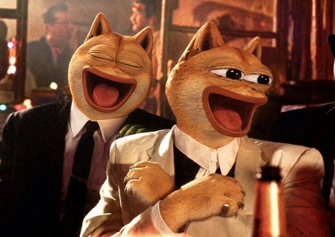 Two laughing Doge Pepe characters in suits.