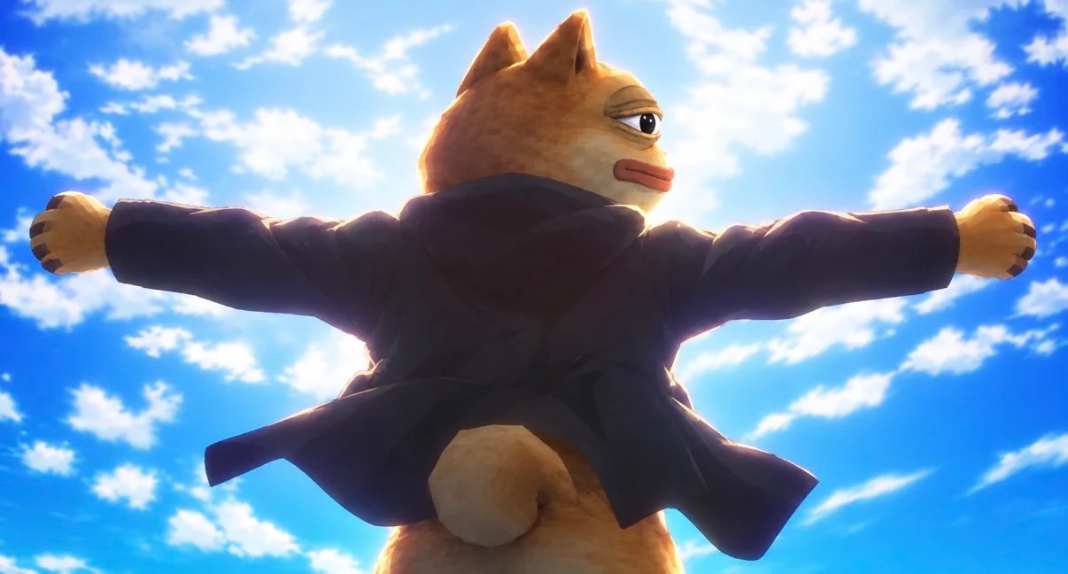 Doge Pepe spreading his arms under a blue sky.