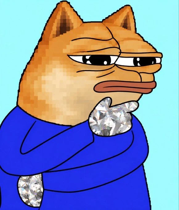 Cartoon Doge Pepe in a blue sweater with a diamond pendant.