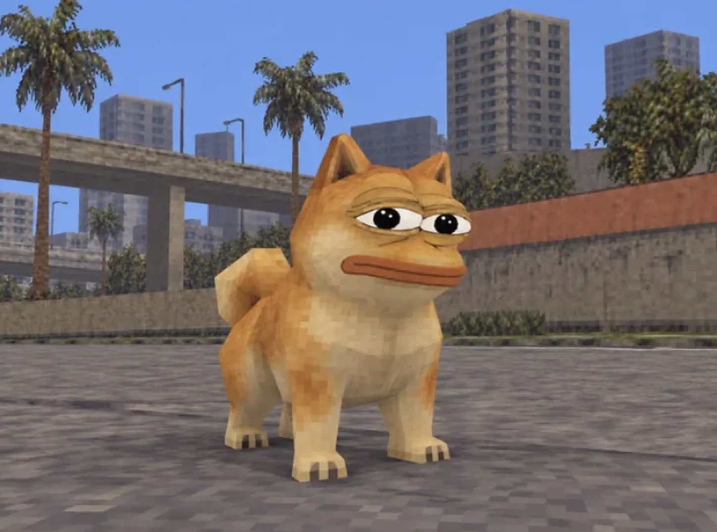 The low-poly dog with the frog face on a paved plaza in a video-game town.