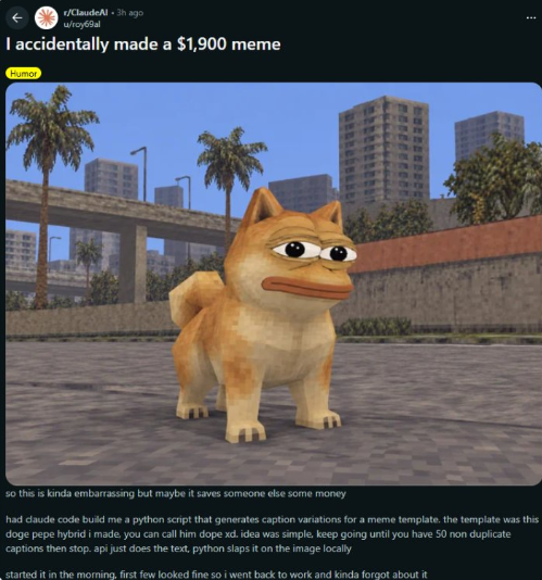 The Reddit post titled I accidentally made a $1,900 meme, showing the original DOPE character.